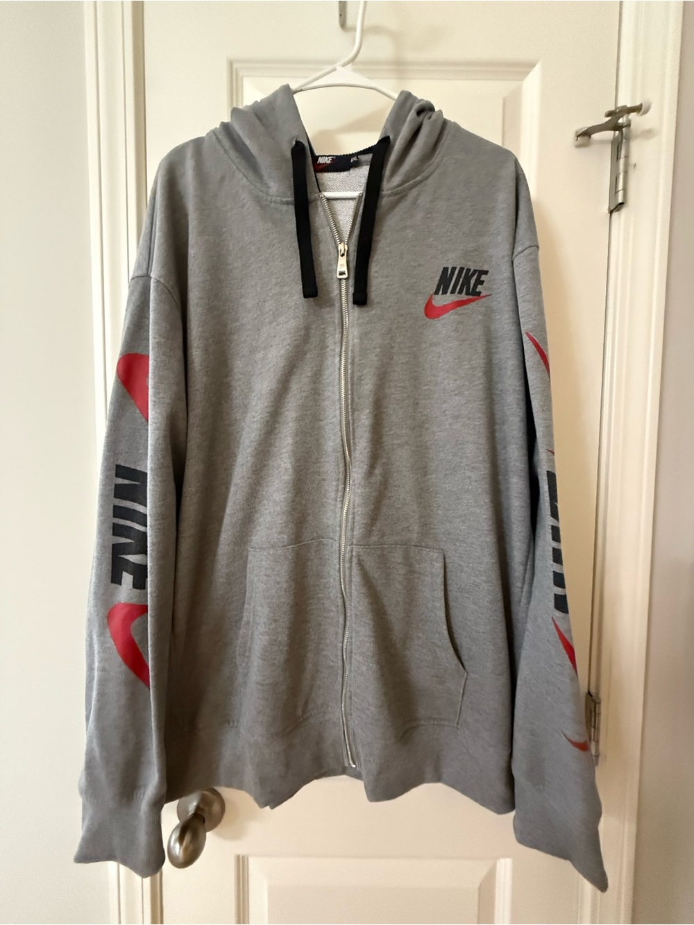 Nike Club Fleece Full Zip Jacket Gray Red Sleeve Swoosh Logo Hoodie Size 4XL